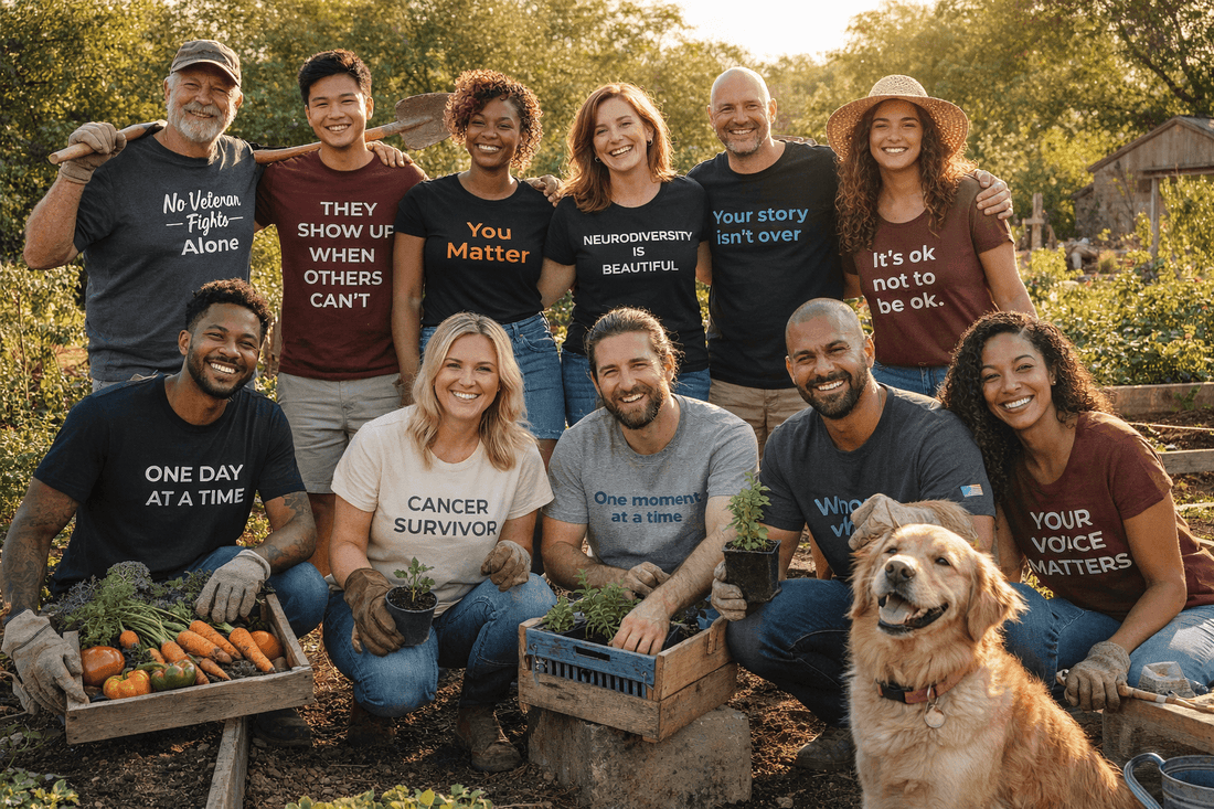 Diverse people wearing cause awareness shirts working together outdoors with positive messages and support