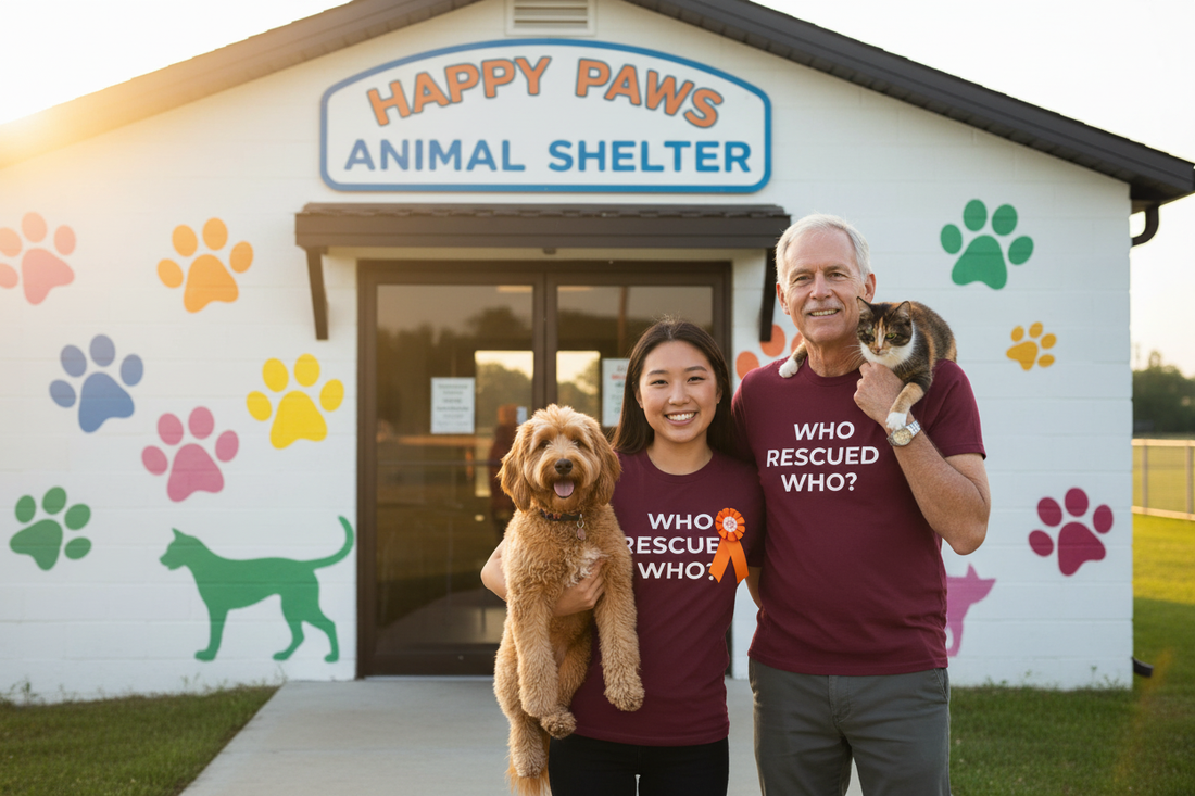 Happy rescue dog and cat with loving family wearing cause awareness shirts - Wear What You Stand For"
