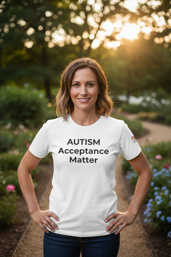 "Autism Acceptance Matters" t-shirt from Wear What You Stand For Products, featuring a colorful brain graphic. Promotes neurodiversity and autism awareness.