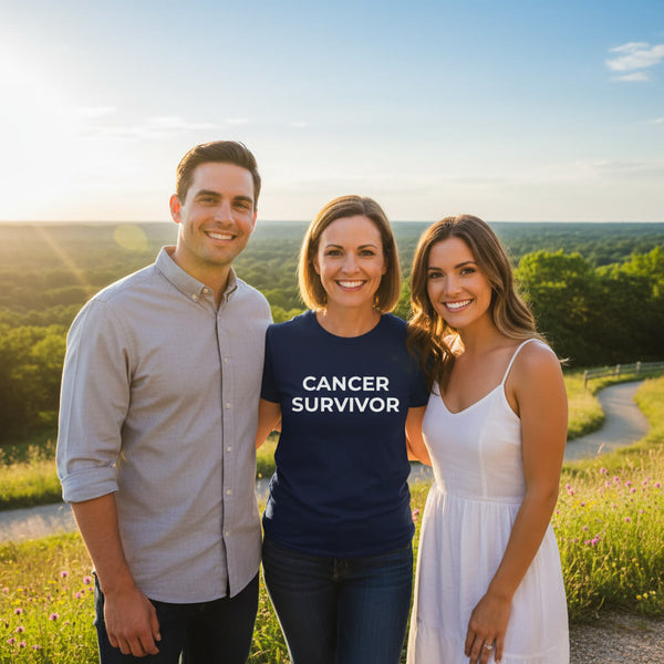 "Cancer Survivor" t-shirt, featuring a supportive design to celebrate strength and resilience. From Wear What You Stand For Products.