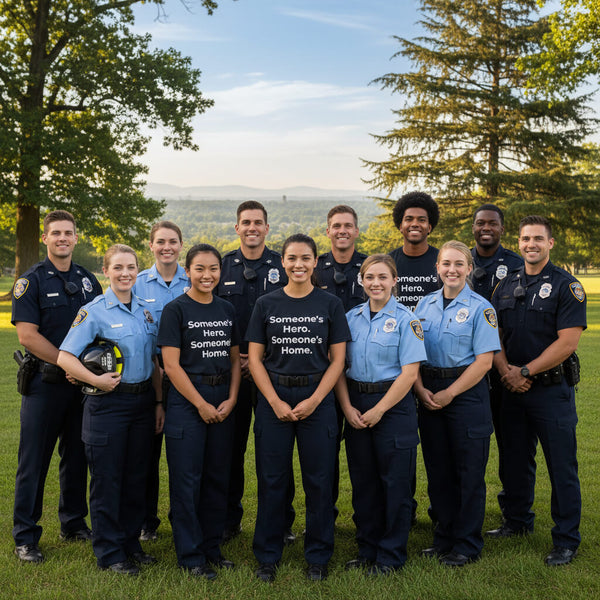 First Responders t-shirt: "Someone's Hero, Someone's Home", honoring police, fire, and EMS personnel. From Wear What You Stand For Products.