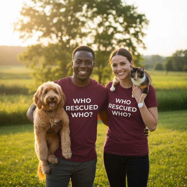 "Who Saved Who?" pet rescue t-shirt, celebrating the bond between humans and adopted animals. From Wear What You Stand For Products.
