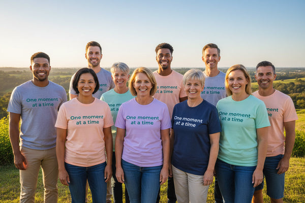 "One Moment at a Time" suicide prevention and mental health awareness t-shirt, offering a message of hope and support. From Wear What You Stand For Products.