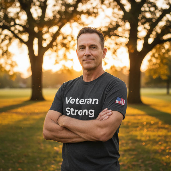 "Veteran Strong" t-shirt, featuring a bold graphic to honor and support military veterans. From Wear What You Stand For Products.