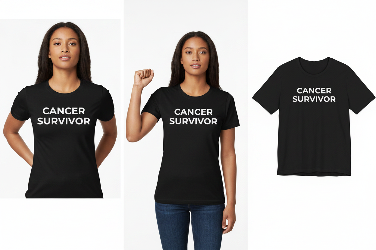 Black t-shirt with 'Cancer Survivor' text worn by a person on a white background
