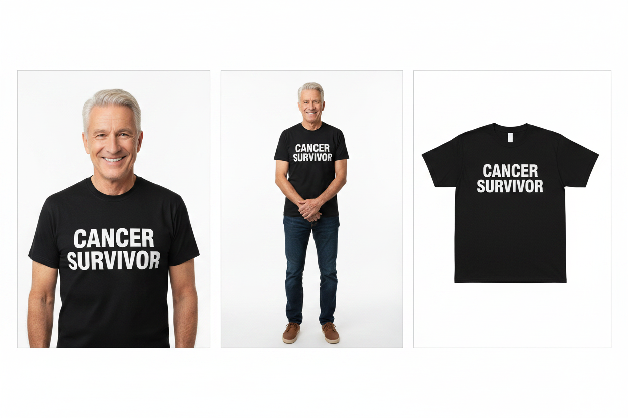 Person wearing a 'Cancer Survivor' t-shirt with an additional image of the t-shirt.