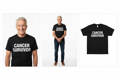 Person wearing a 'Cancer Survivor' t-shirt with an additional image of the t-shirt.
